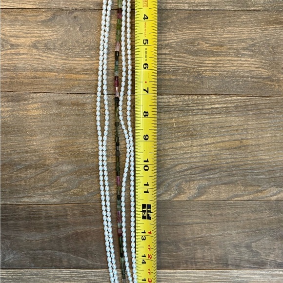 Five Stand Peal and Rectangle Tourmaline Necklace with Bow Closure - Picture 11 of 12